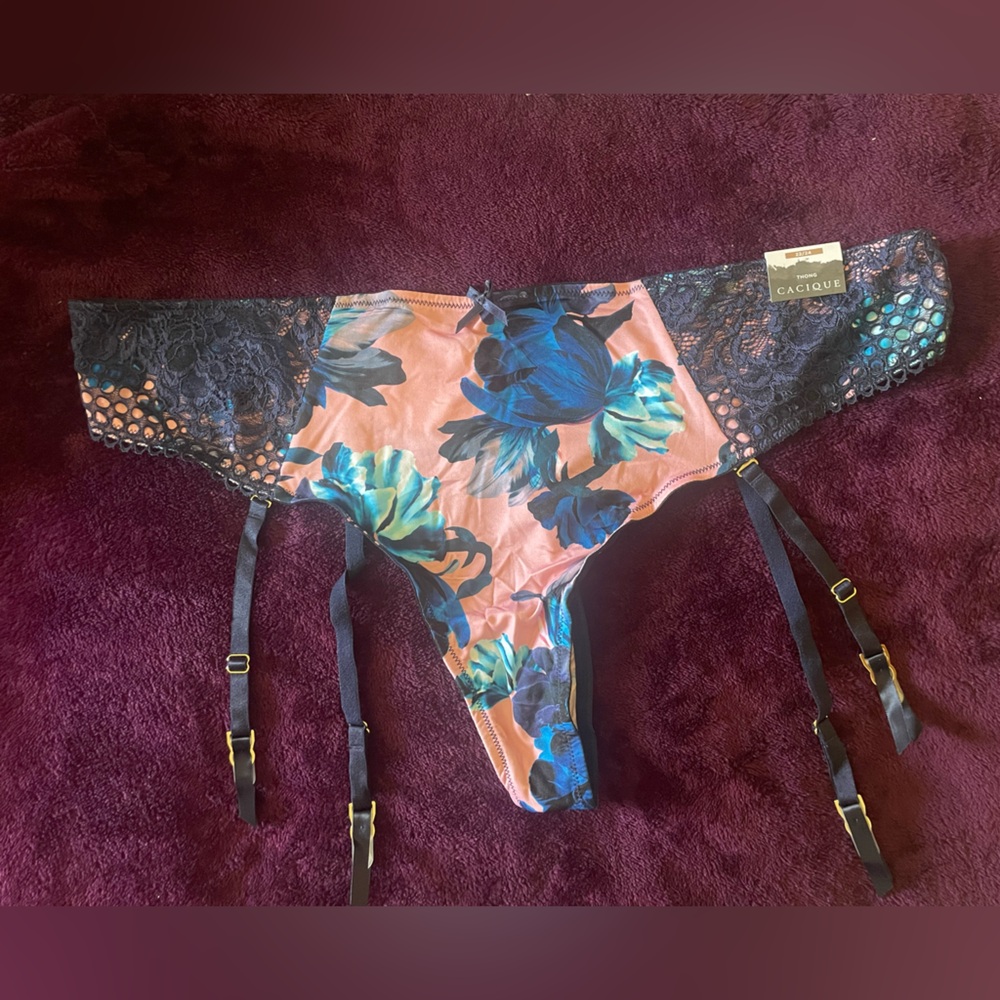 Clinique Floral Lace Thong Panties - Blue and Pink